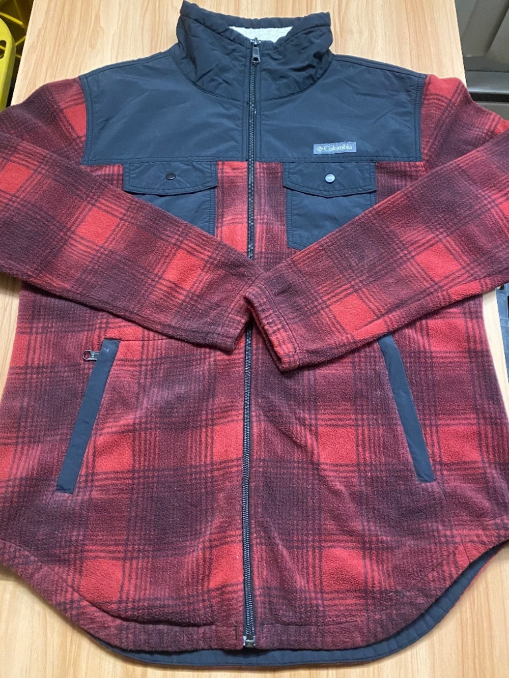Columbia Red Plaid Full Zip Fleece Jacket Sherpa Collar Nylon Yoke - Men’s M